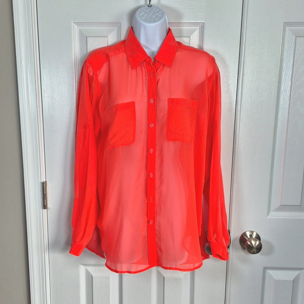 Victoria's Secret sheer orange salmon long sleeve button down shirt womens XS
